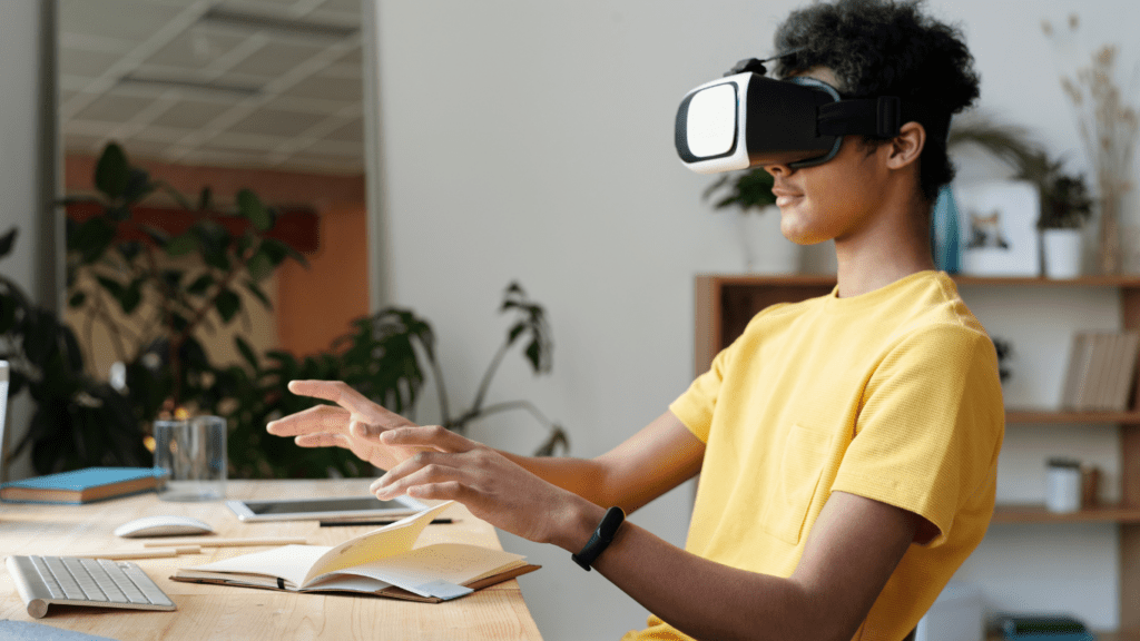 a person wearing a virtual reality headset in an office